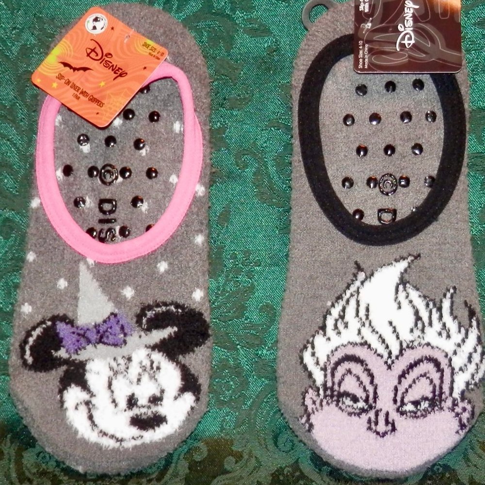DISNEY URSULA  AND MINNIE MOUSE SLIP ON LINER SOCKS WITH GRIPPERS * 2 PAIR SET *